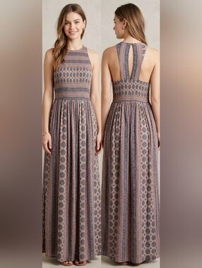 Bleu Ciel Boho Mixed Print Smocked Maxi Dress - Size Medium